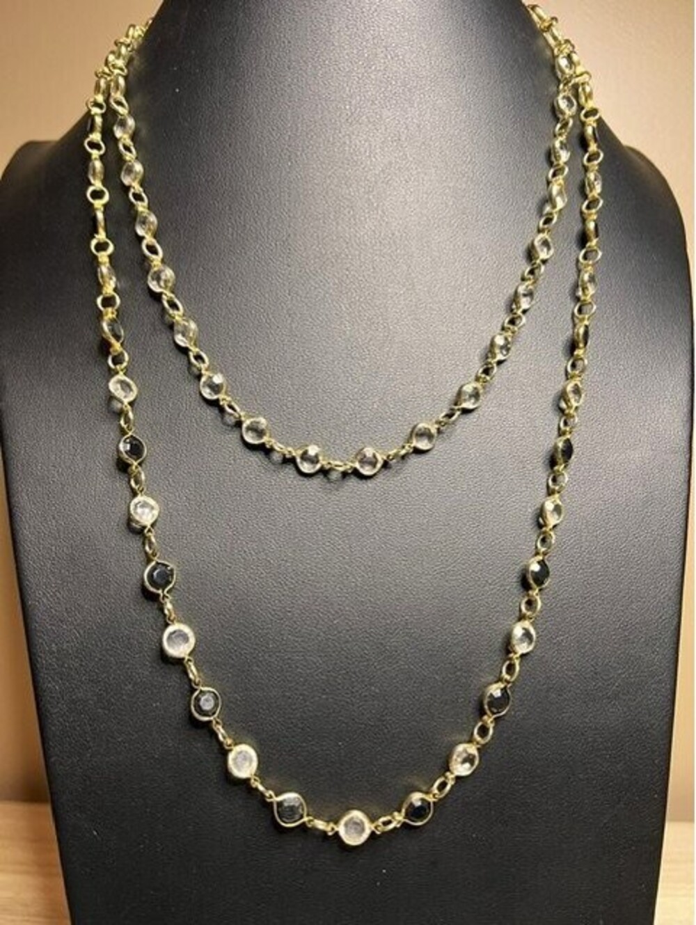 B5996 TWO SISTERS Station Necklace Gold Tone Clear Black Crystal Bezel 18" & 24"